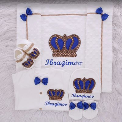 Luxury 5-Piece Velvet Baby boy Hospital Exit Outfit ( Royal blue bow + golden Crown)