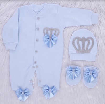 Exclusive Royal 3Piece Baby boy Hospital Exit Bling Outfit  (light blue satin bow / Silver Crown)