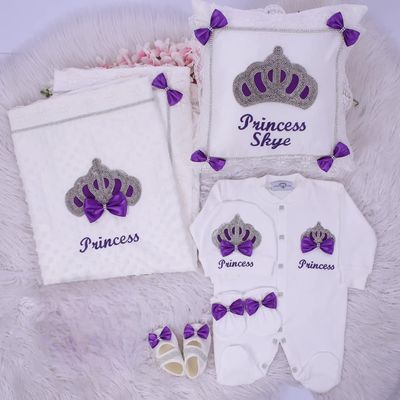 Handmade 𝗟𝘂𝘅𝘂𝗿𝘆 𝗡𝗲𝘄𝗯𝗼𝗿𝗻 Home Welcoming 6-Piece set ( Purple bow  Silver Crown)