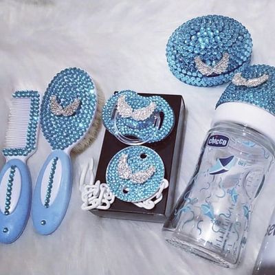 Handmade Rhinestone Baby Bottle + Brush Set + Pacifier  with clip + Pacifier box