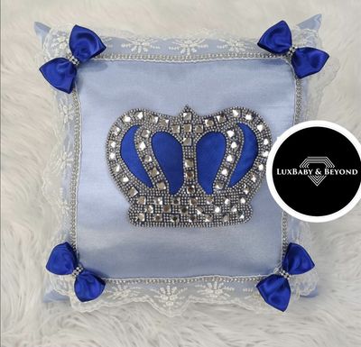 Luxury light blue Satin Pillow case (Royal Blue bow + Silver Crown)