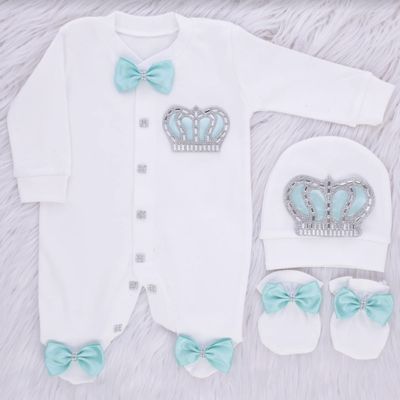 Exclusive Royal 3Piece Baby boy Hospital Exit Bling Outfit  (Pastel green/ paste/ Silver Crown)