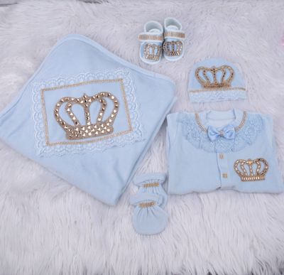 Handmade 𝗟𝘂𝘅𝘂𝗿𝘆 𝗡𝗲𝘄𝗯𝗼𝗿𝗻 Home Welcoming 5-Piece set ( Blue Lace  /Golden crown/ light blue bow )