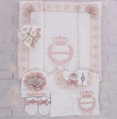 Handmade 𝗟𝘂𝘅𝘂𝗿𝘆 𝗡𝗲𝘄𝗯𝗼𝗿𝗻 Home Welcoming 5-Piece set ( blush pink lace with pearl crown)