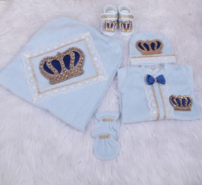 Handmade 𝗟𝘂𝘅𝘂𝗿𝘆 𝗡𝗲𝘄𝗯𝗼𝗿𝗻 Home Welcoming 5-Piece set ( White Lace  /Golden crown/ royal blue bow )