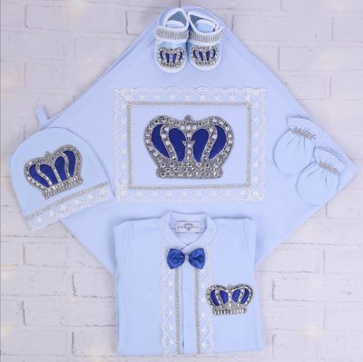Luxury 5-Piece Blue Baby Boy Hospital Exit Outfit (Royal blue bow + Silver Crown)