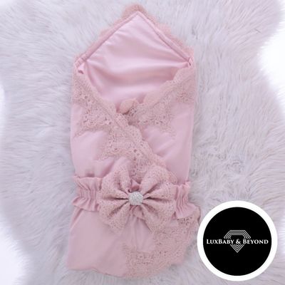 Luxury Jewelled Swaddle - Blush satin fabric with blush lace