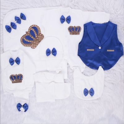 Luxury 10-Piece Baby boy Hospital Exit Outfit (White/ Royal blue bow + golden Crown)