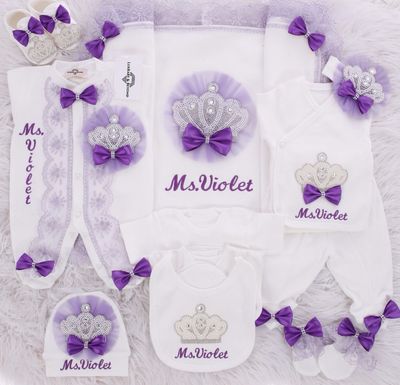Luxury 11-Piece Baby Girl Hospital Exit Outfit ( Purple Lace &amp; bow, Pearl  Crown)