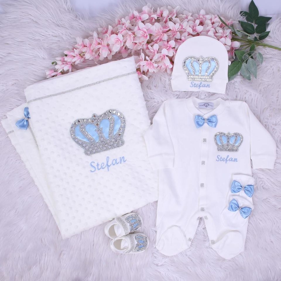 Luxury 5-Piece Baby boy Hospital Exit Outfit Silver Crown  ( Light Blue )