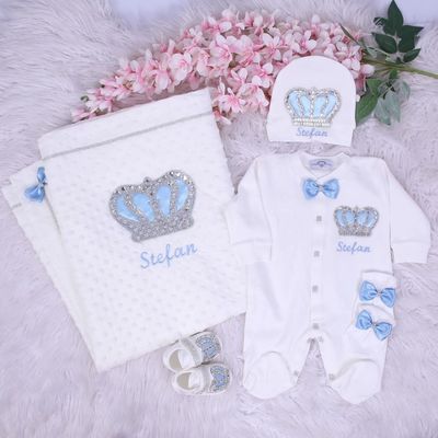 Luxury 5-Piece Baby boy Hospital Exit Outfit Silver Crown  ( Light Blue )