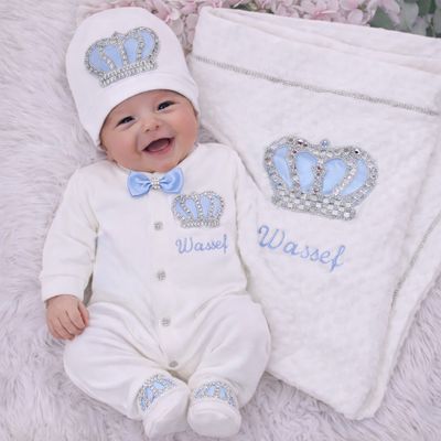Luxury 5-Piece Baby boy Hospital Exit Outfit Silver Crown  ( Light Blue )