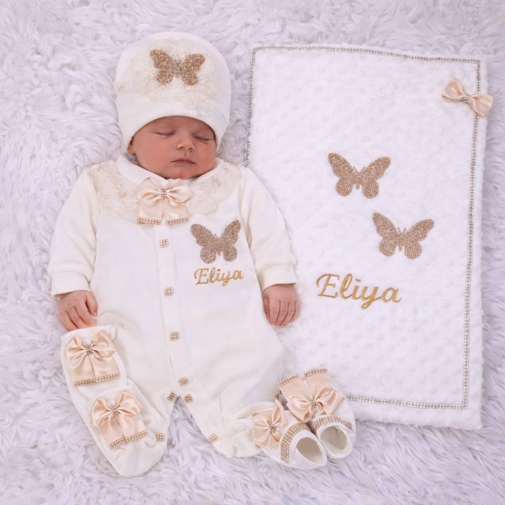 Handmade 𝗟𝘂𝘅𝘂𝗿𝘆 𝗡𝗲𝘄𝗯𝗼𝗿𝗻 Home Welcoming 5-Piece set ( cream Lace  / Golden butterfly)