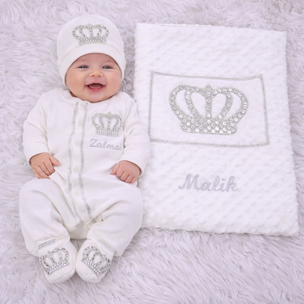 Handmade 𝗟𝘂𝘅𝘂𝗿𝘆 𝗡𝗲𝘄𝗯𝗼𝗿𝗻 Home Welcoming 5-Piece set ( White Lace  /Silver crown)