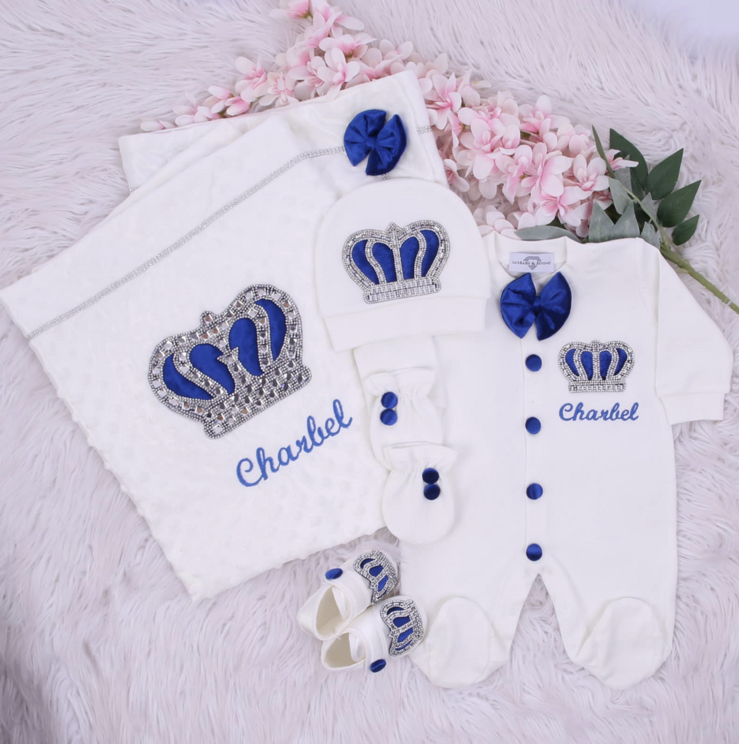 Luxury 5-Piece Baby boy Hospital Exit Outfit ( Royal blue velvet bow + Silver Crown)