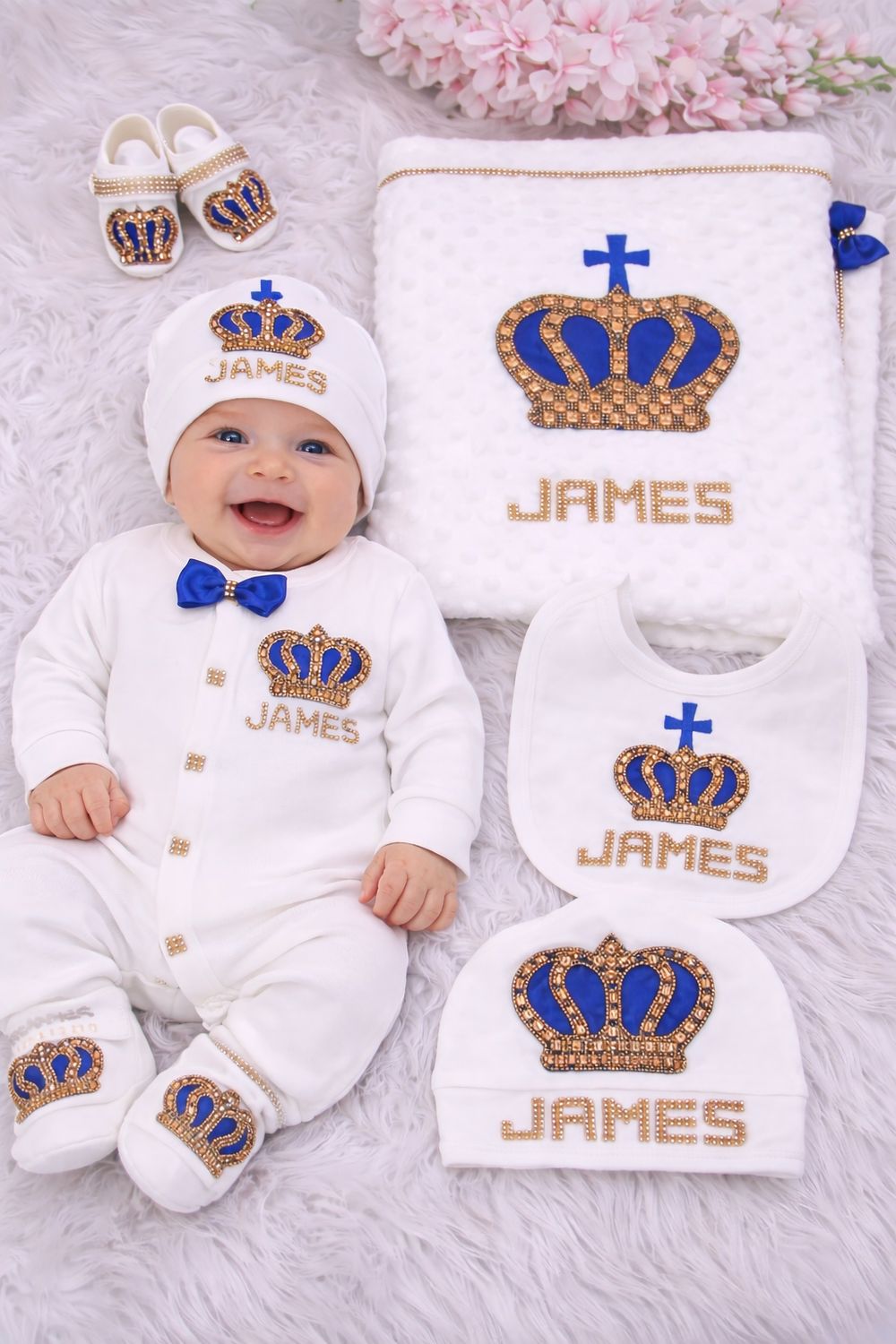 Luxury 5-Piece Baby boy Hospital Exit Outfit ( Royal Blue bow + golden Crown with cross)
