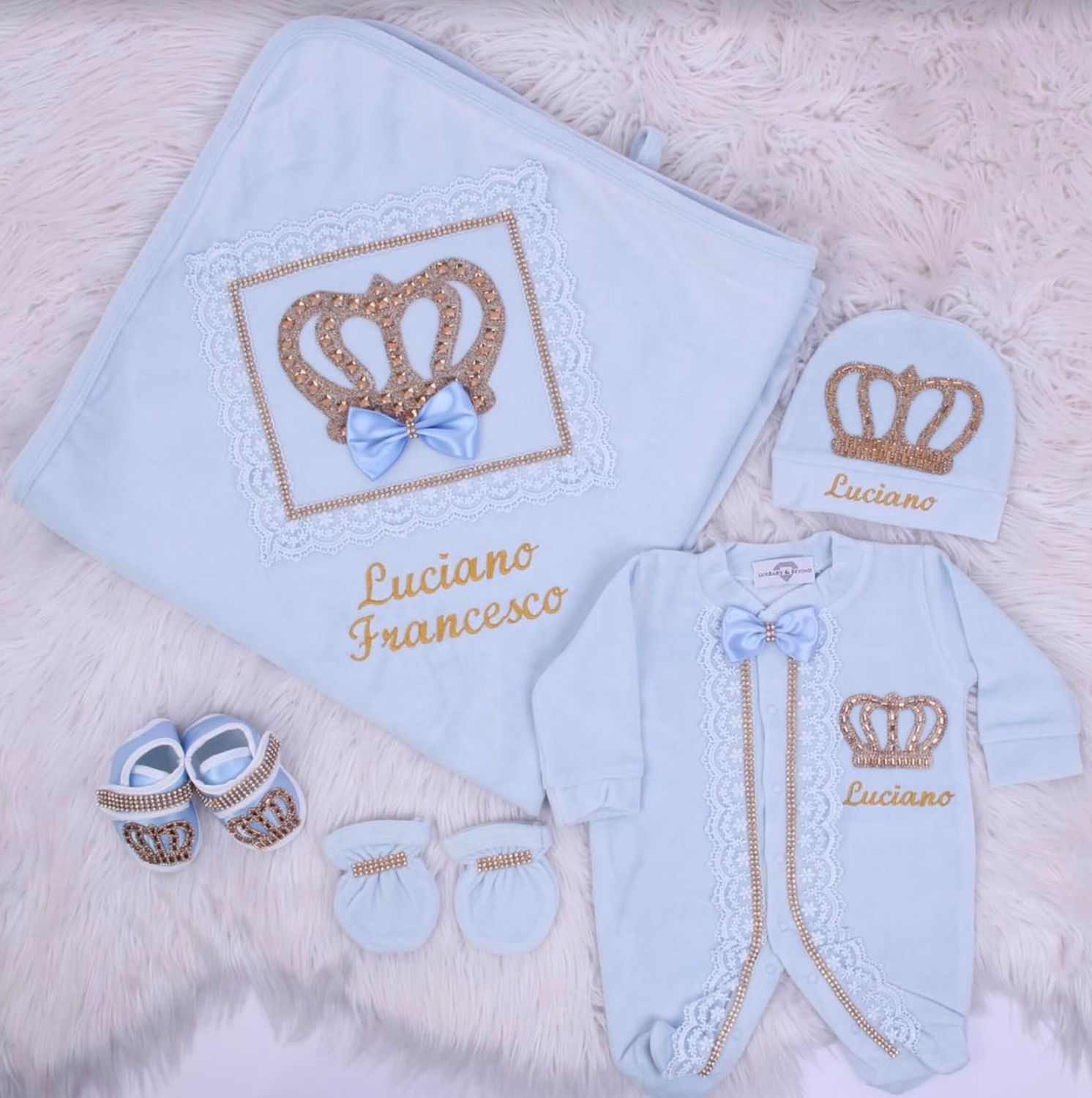 Luxury 5-Piece Baby boy Hospital Exit Outfit ( light blue velvet bow + golden Crown)