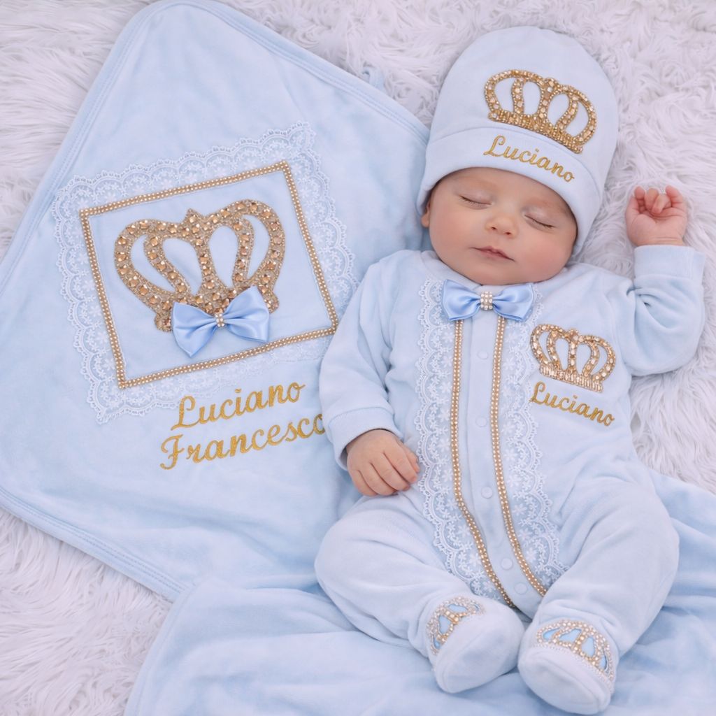 Luxury 5-Piece Baby boy Hospital Exit Outfit ( light blue velvet bow + golden Crown)