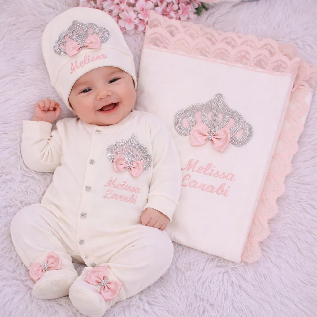 Handmade 𝗟𝘂𝘅𝘂𝗿𝘆 𝗡𝗲𝘄𝗯𝗼𝗿𝗻 Home Welcoming5-Piece set ( blush bow silver crown)