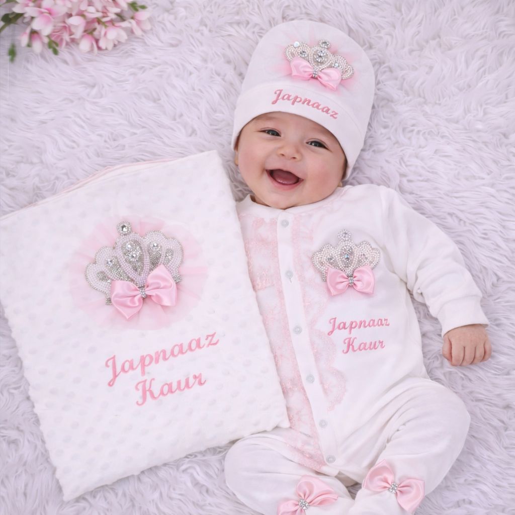 Handmade luxury Newborn Home Welcoming 4-Piece set ( Pink bow pearl crown)