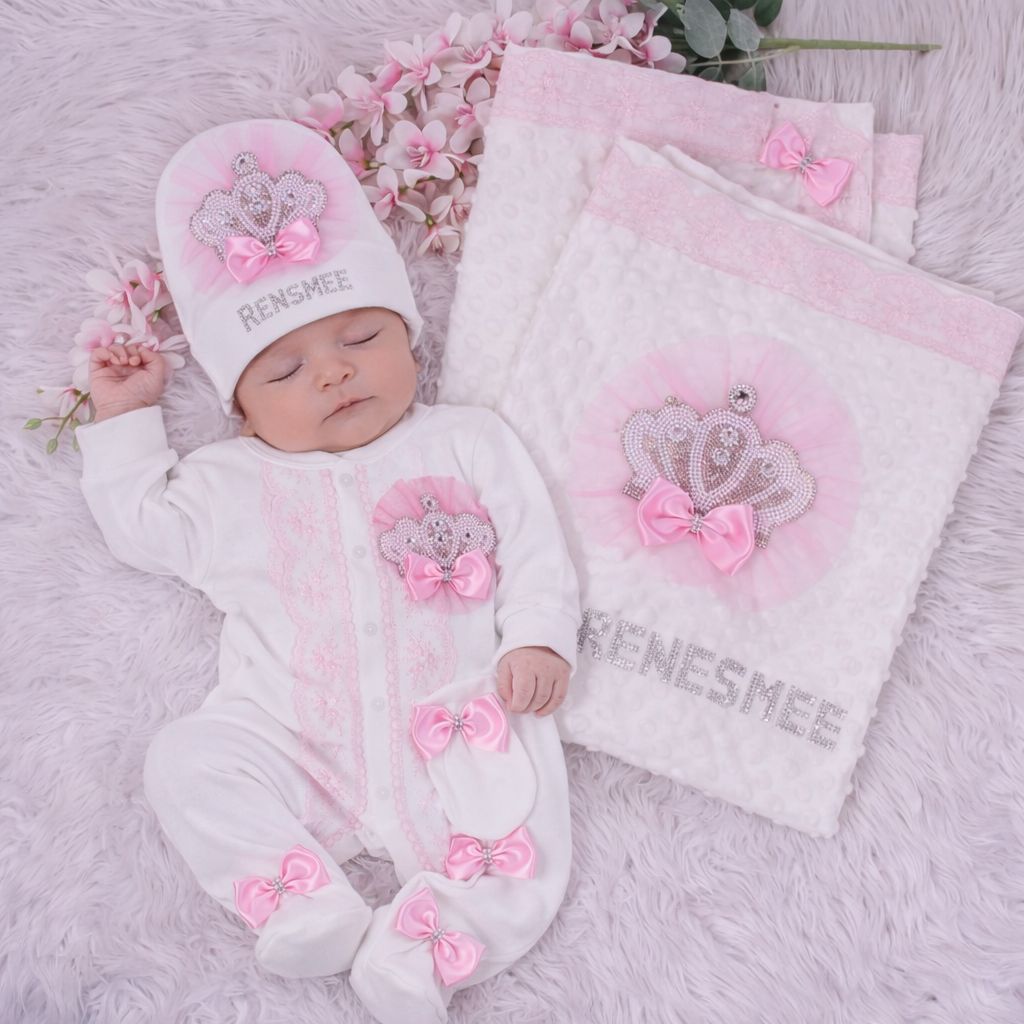 Handmade luxury Newborn Home Welcoming 4-Piece set ( Pink bow pearl crown)