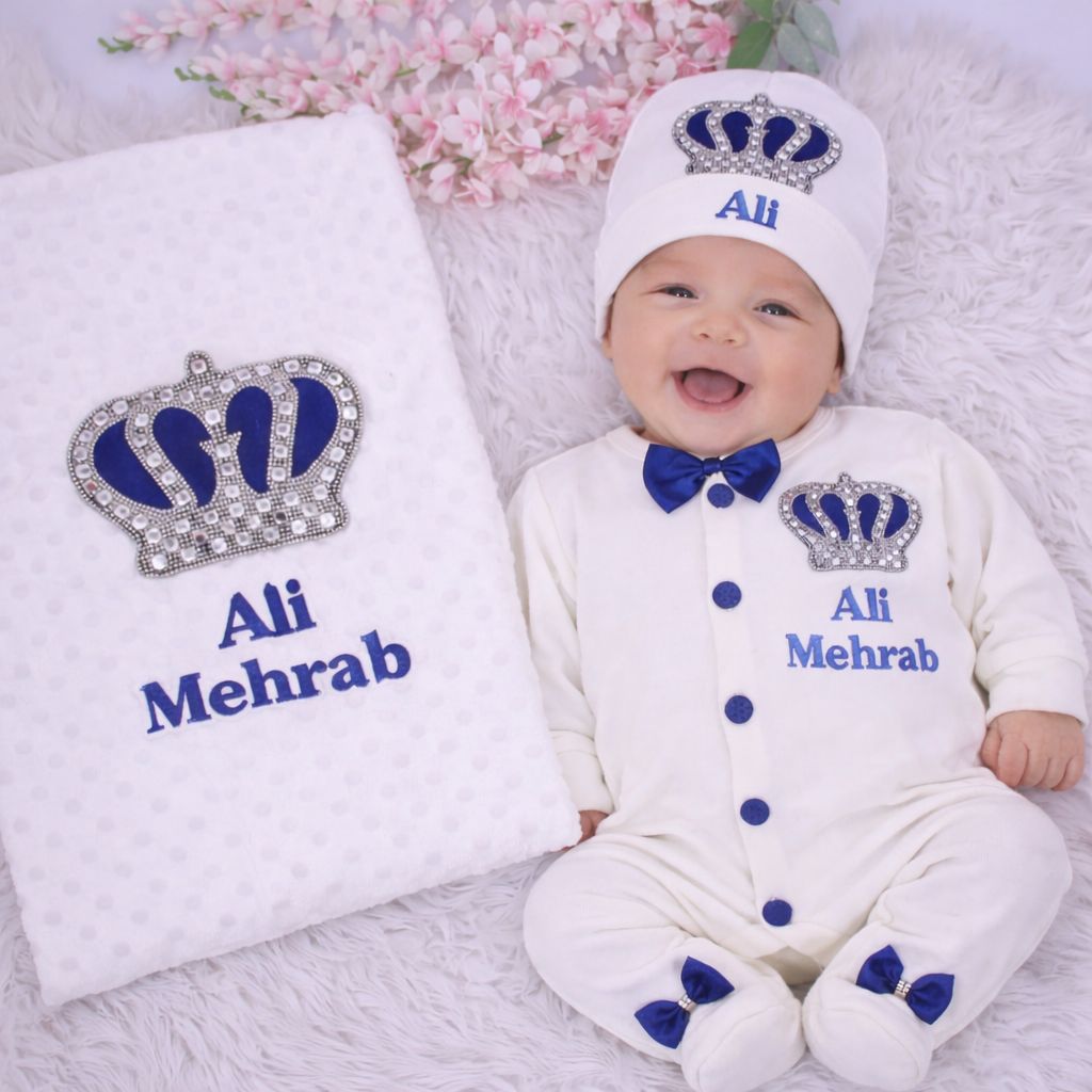 Handmade luxury Newborn Home Welcoming 5-Piece set ( Royal Blue Velvet bow, Silver crown) With Shoes and Velvet Blanket