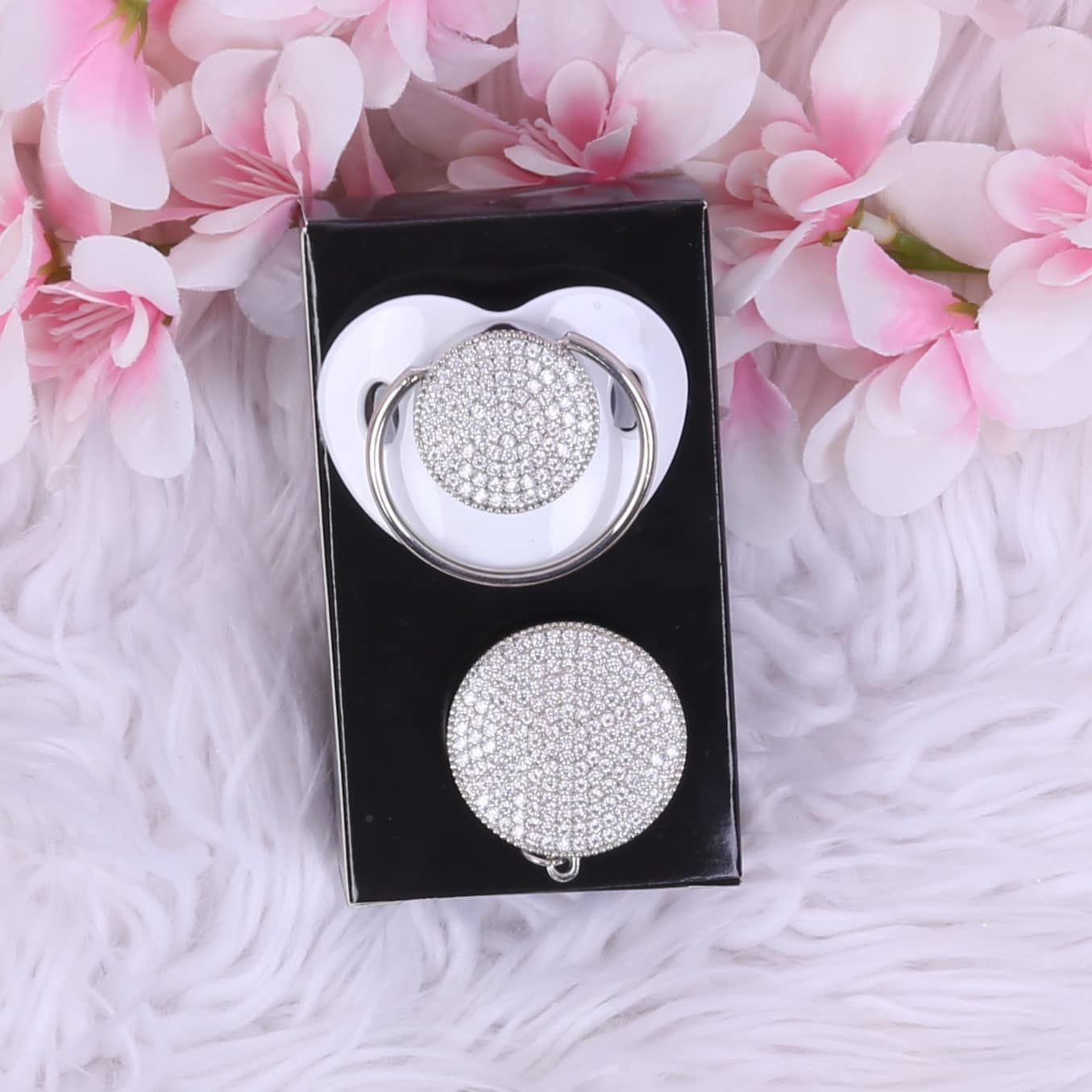 Handmade Rhinestone Baby Pacifier and clip  (White)