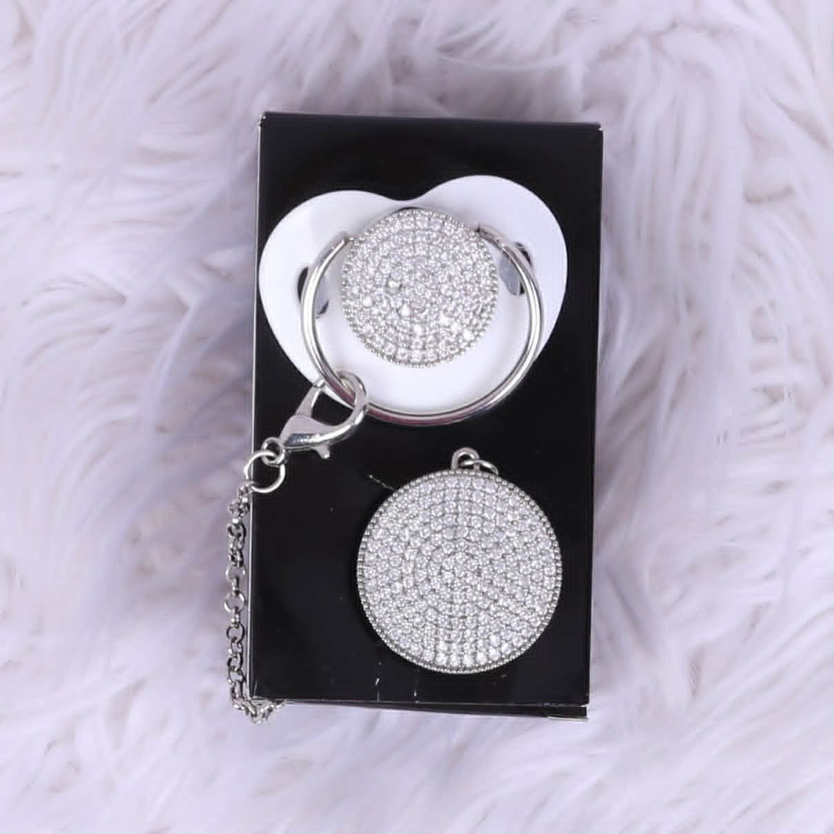 Handmade Rhinestone Baby Pacifier and Clip ( White)