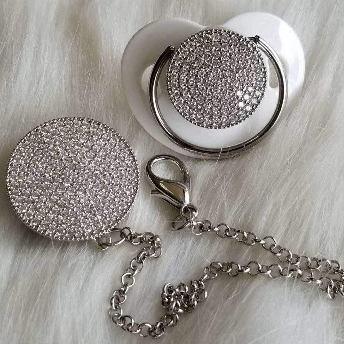 Handmade Rhinestone Baby Pacifier and Clip ( White)