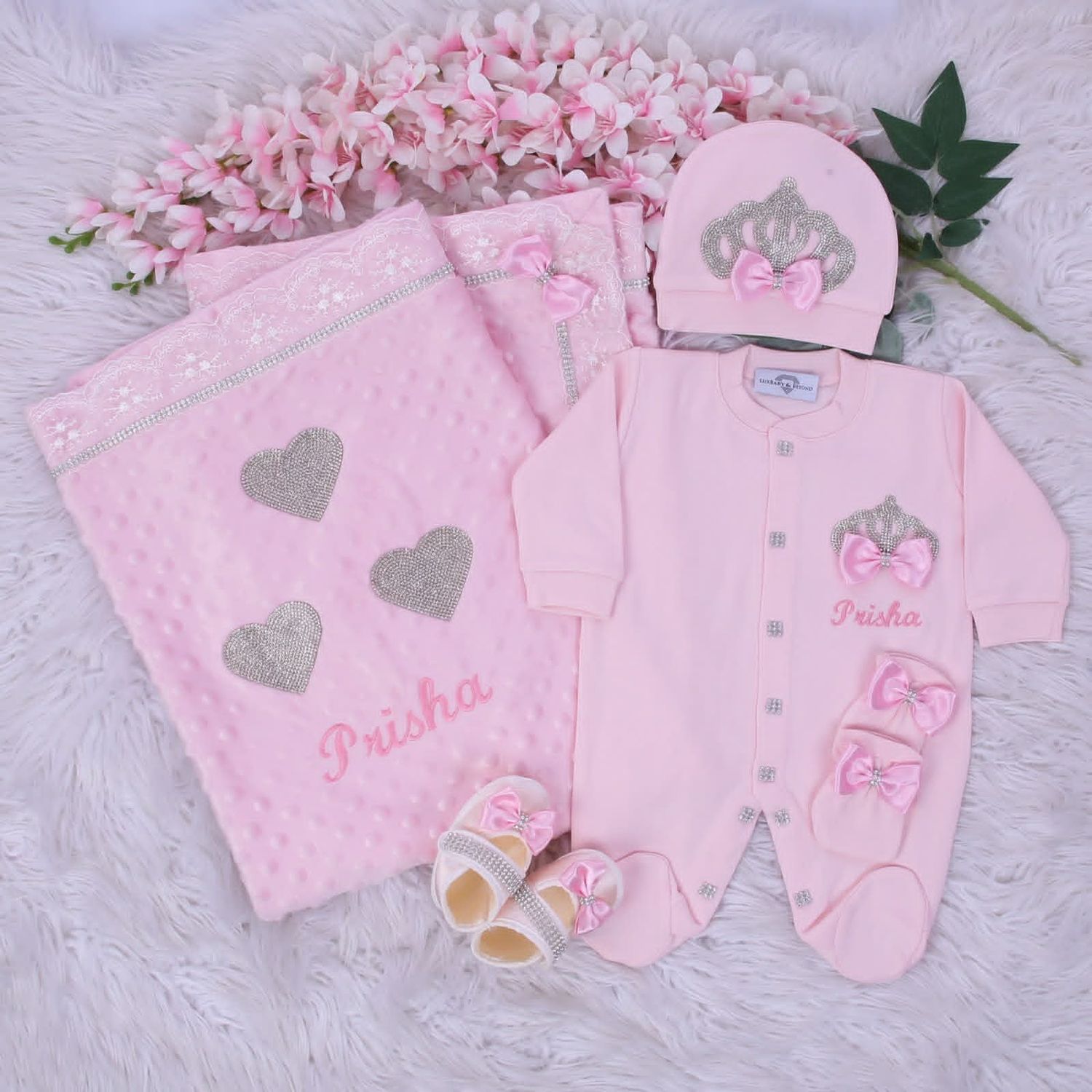Handmade 𝗟𝘂𝘅𝘂𝗿𝘆 𝗡𝗲𝘄𝗯𝗼𝗿𝗻 Home Welcoming 5-Piece set ( Pink bow / white lace / Pearl Crown)