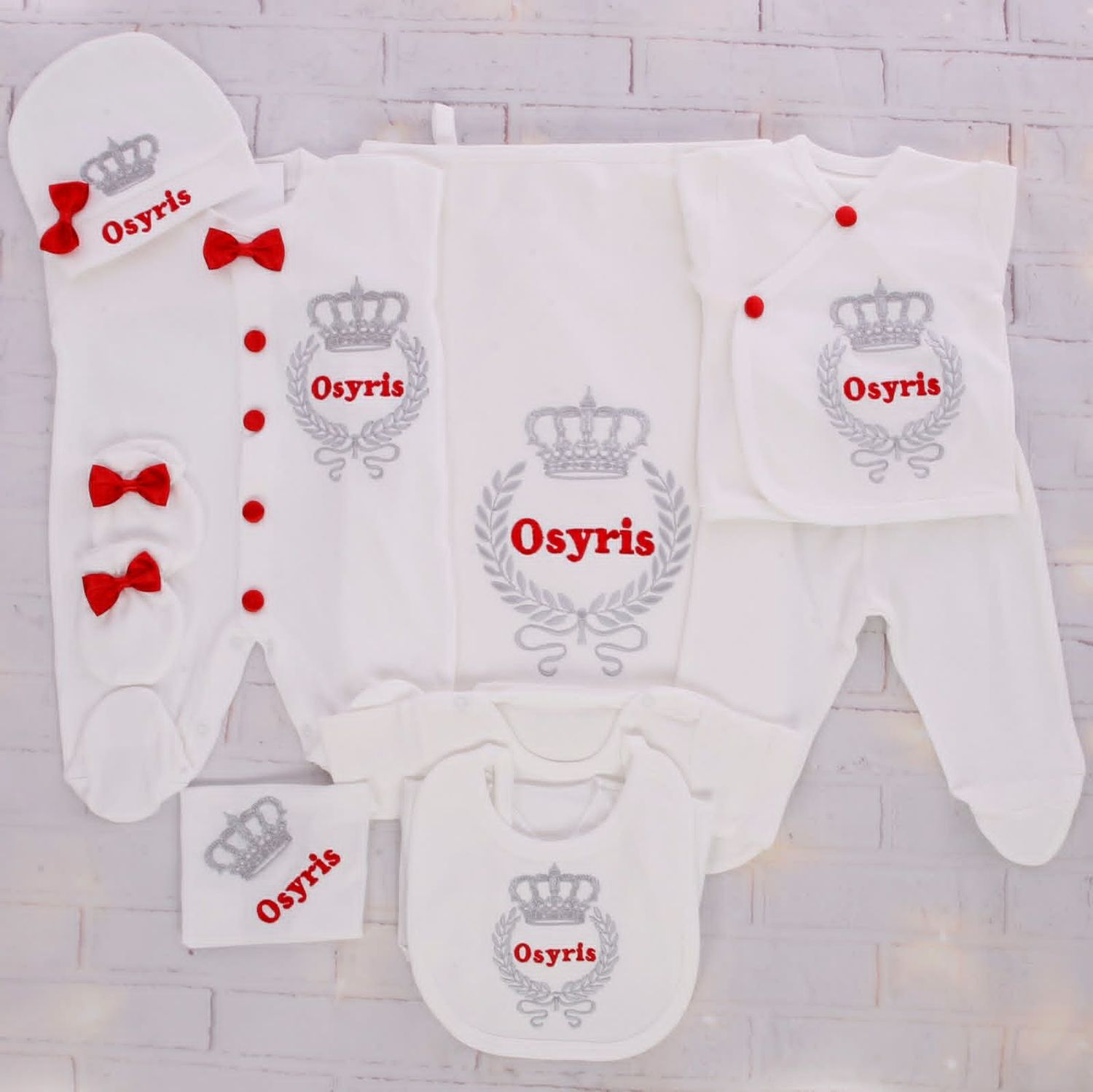 Luxury 10-Piece Baby boy Hospital Exit Outfit ( Silver Thread , Red Bow)