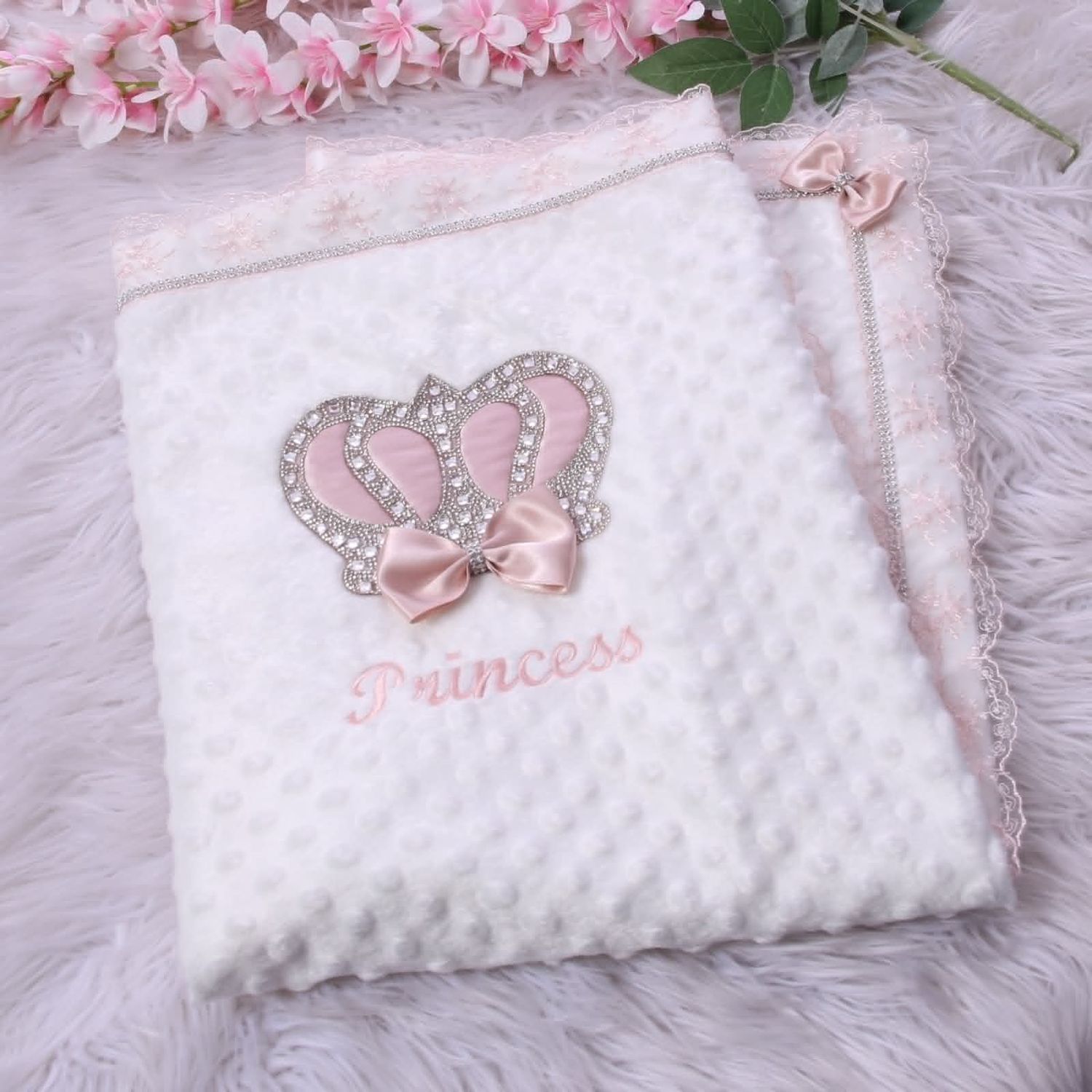 Personalised Receiving Amber Blanket - ( Blush Pink bow , silver crown )