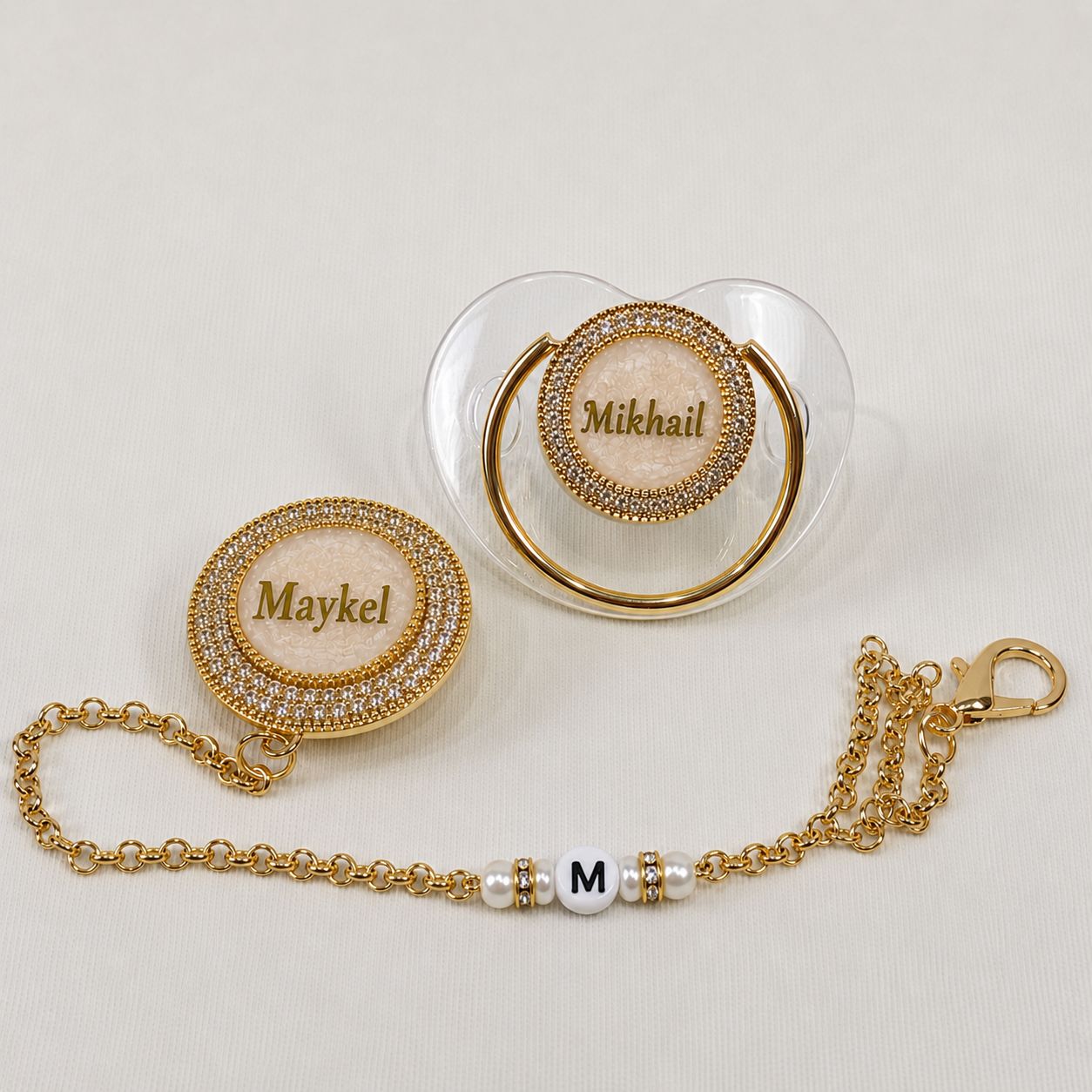 Handmade Personalised Rhinestone Baby Pacifier and clip (golden)