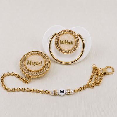Handmade Personalised Rhinestone Baby Pacifier and clip (golden)