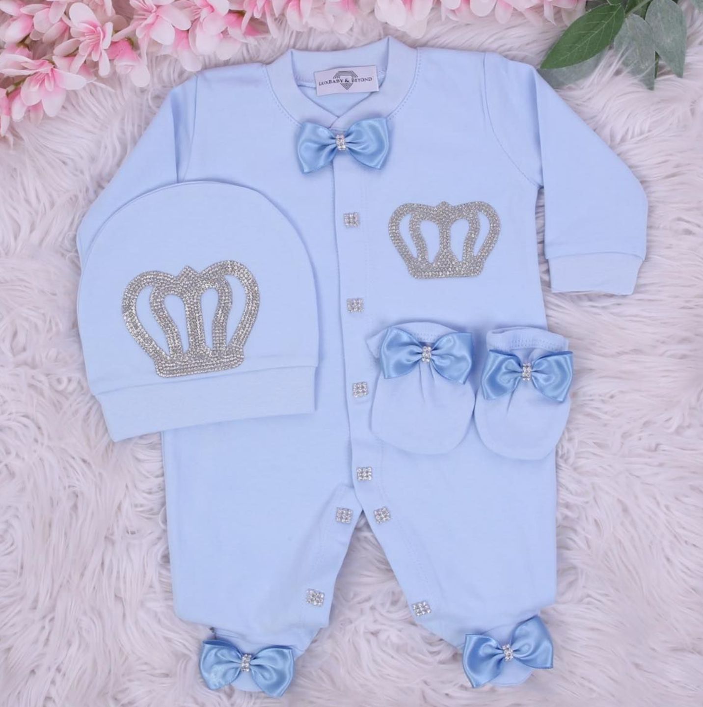 Exclusive Royal 3Piece Baby boy Hospital Exit Bling Outfit  (light blue satin bow / Silver Crown)