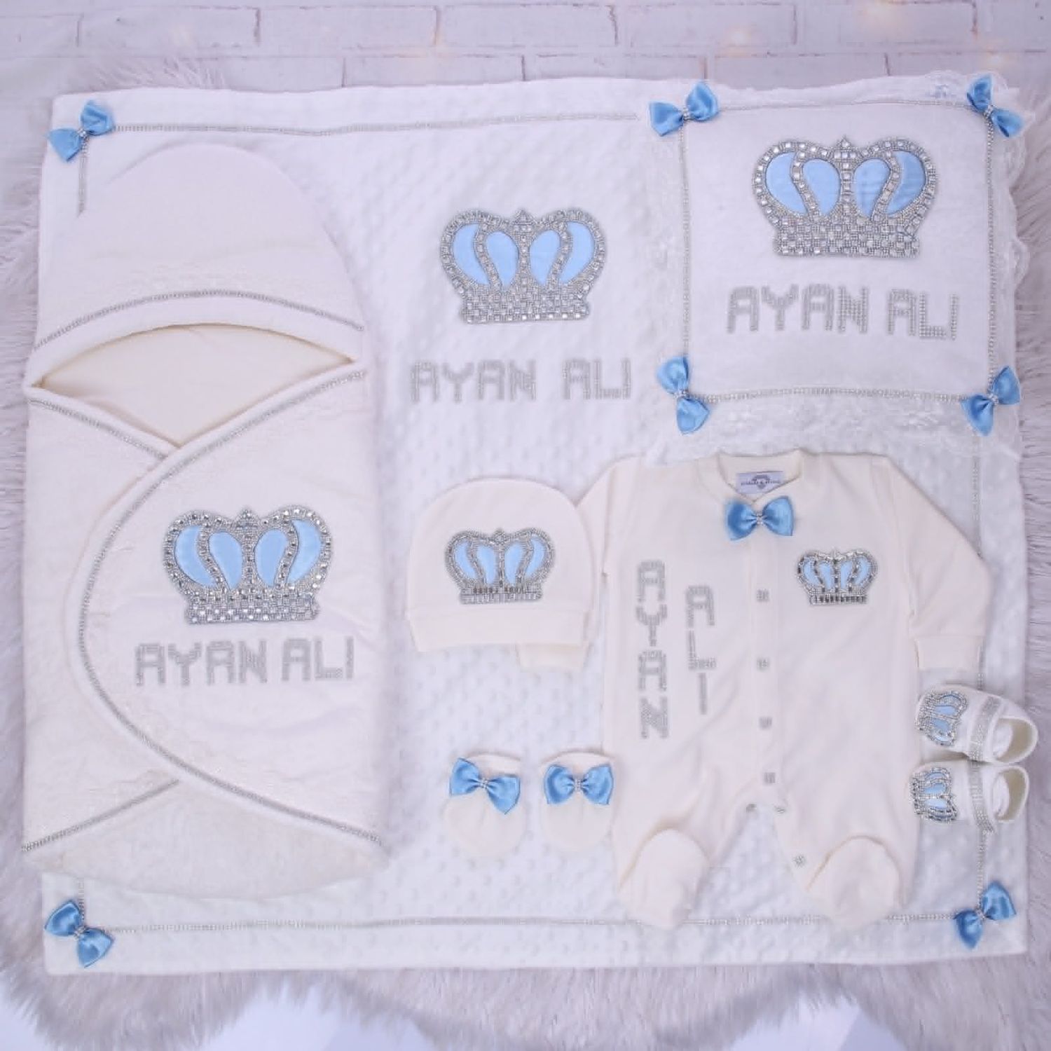 Luxury 7-Piece Baby boy Hospital Exit Outfit ( baby blue bow + Silver Crown)