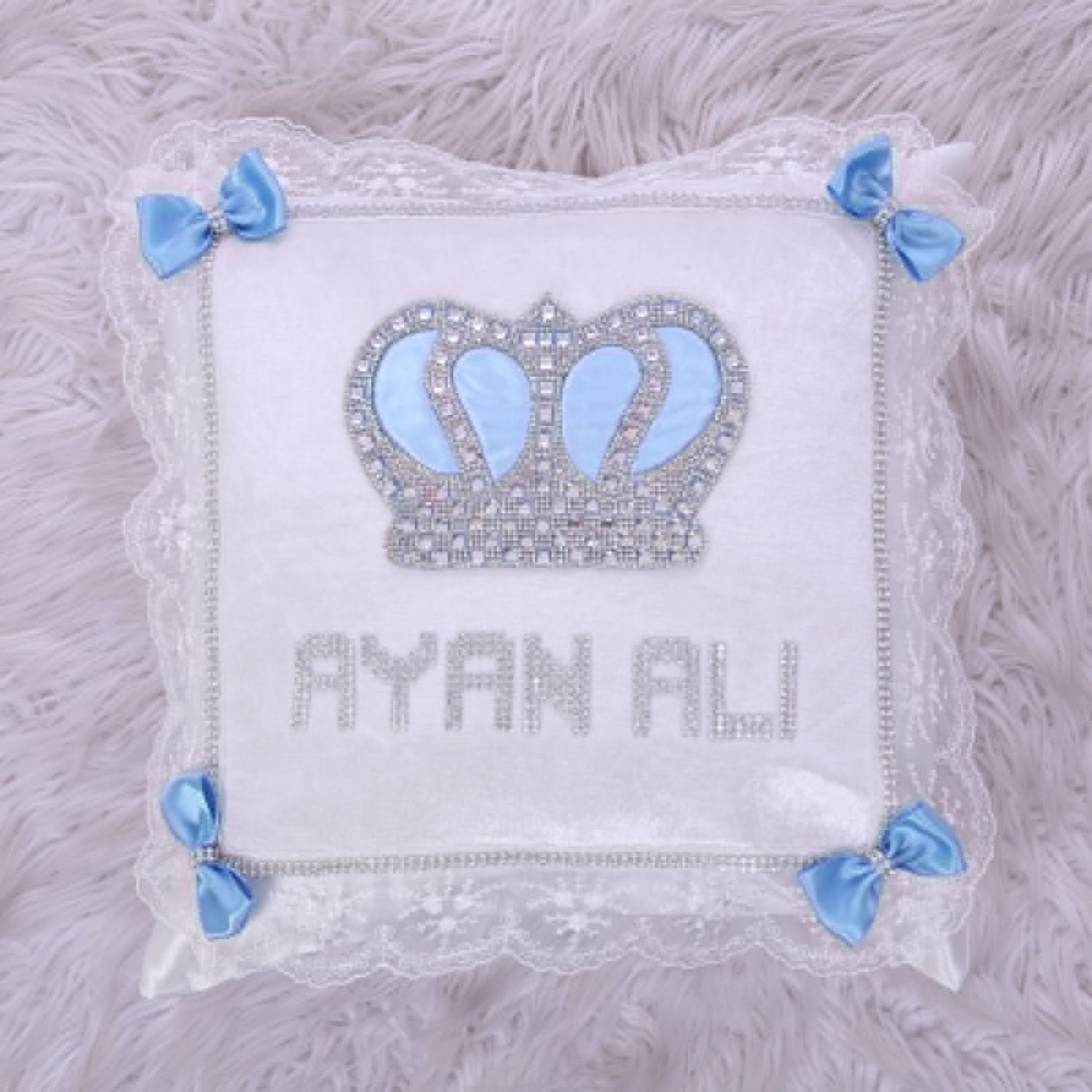 Luxury white Satin Pillow Case   (  Baby blue crown &amp; Silver Crown )