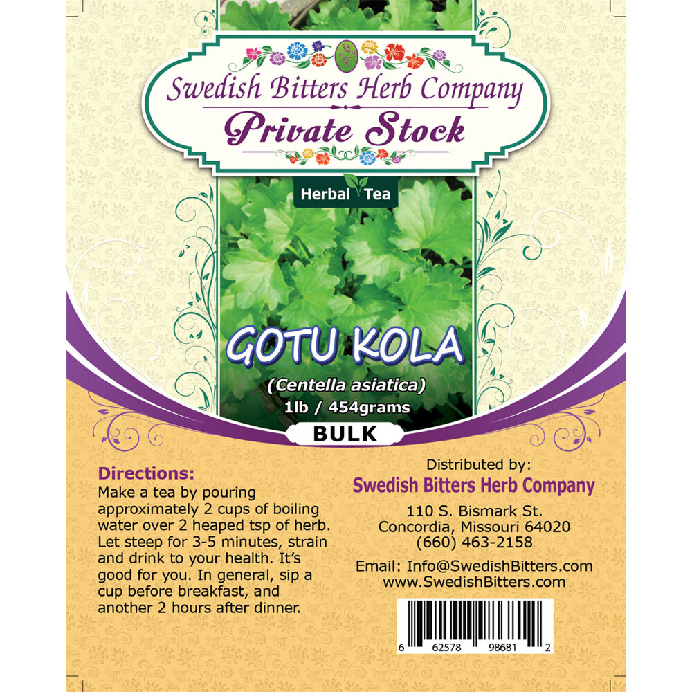 Gotu Kola Leaf (Centella asiatica) Herbal Tea (1lb/454g) BULK - Swedish Bitters Herb Company Private Stock