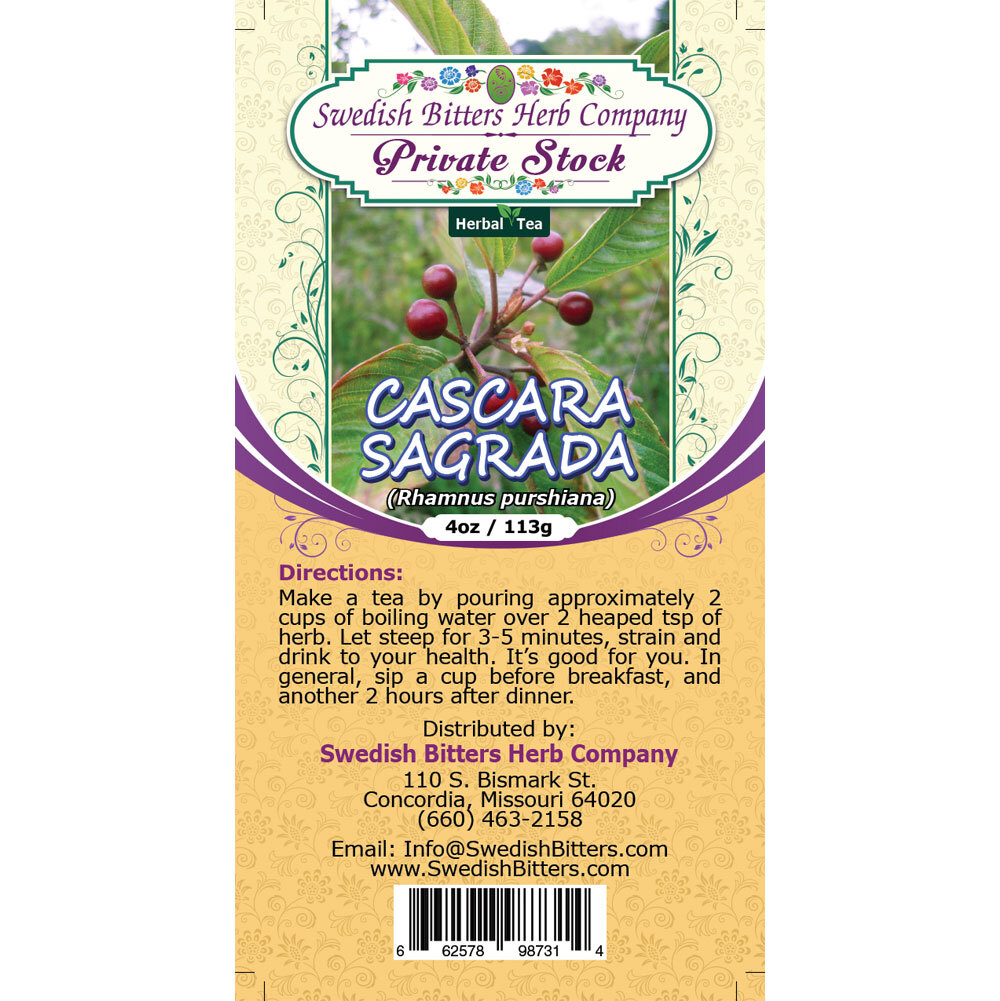 Cascara Sagrada Bark (Rhamnus purshiana) Herbal Tea (4oz/113g) - Swedish Bitters Herb Company Private Stock