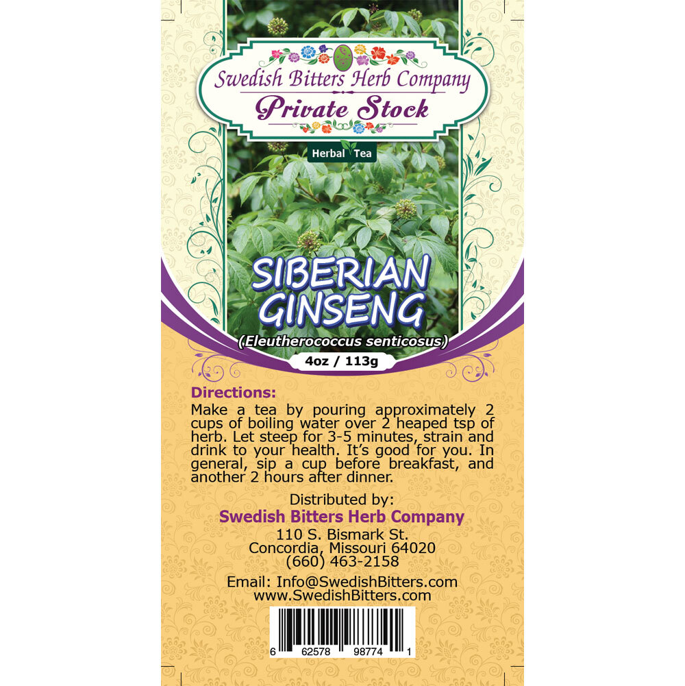 Siberian Ginseng (Eleutherococcus senticosus) Herbal Tea (4oz/113g) - Swedish Bitters Herb Company Private Stock Siberian Ginseng (Eleutherococcus senticosus) Herbal Tea (4oz/113g) - Swedish Bitters Herb Company Private Stock