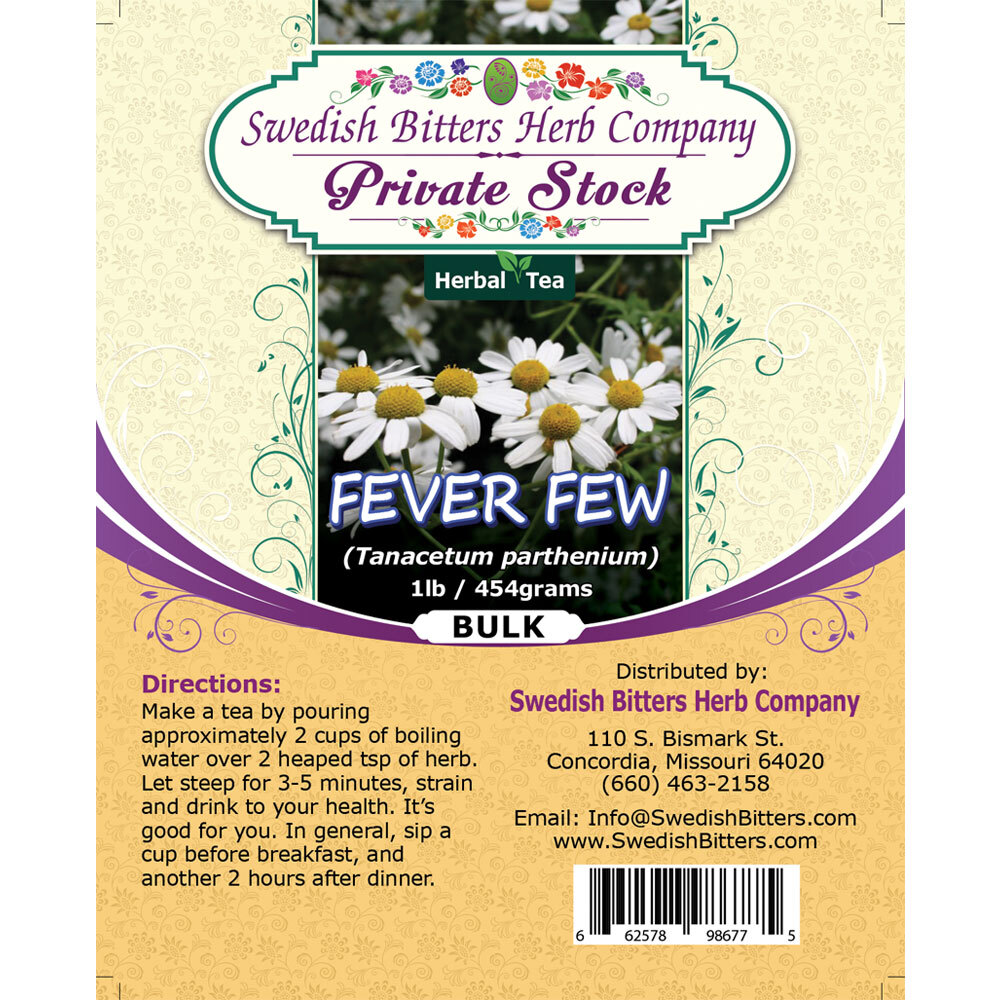 Feverfew Leaf (Tanacetum Parthenium) Herbal Tea (1lb/454g) BULK - Swedish Bitters Herb Company Private Stock Feverfew Leaf (Tanacetum Parthenium) Herbal Tea (1lb/454g) BULK - Swedish Bitters Herb Company Private Stock
