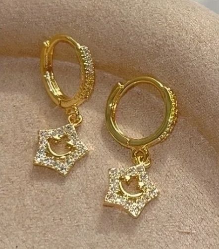 Star Huggies Inlay Brass Zircon Drop Earrings