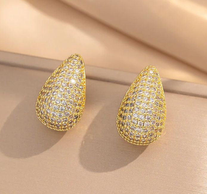 Full Diamond Water Drop Gold Copper Inlay Stud Earrings