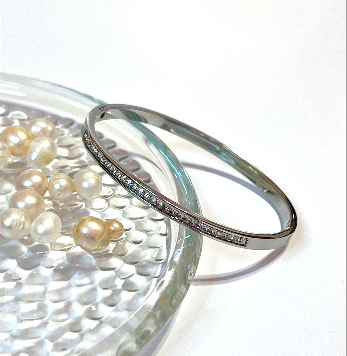 Pave Diamond Silver Stainless Steel Bangle