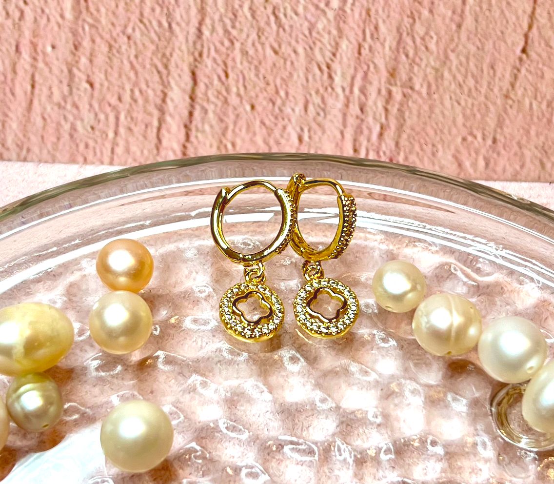 Clover Pave Diamond Huggies Drop Earrings