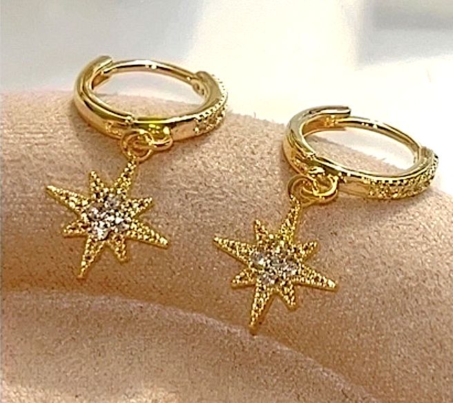 Star Burst Huggies Inlay Brass Zircon Drop Earrings