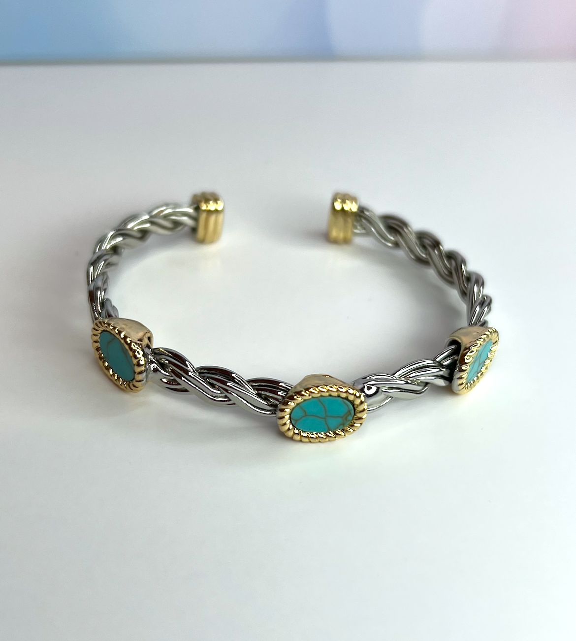 Elegant Turquoise Two Tone Braided Cuff Bangle 18k Gold Filled