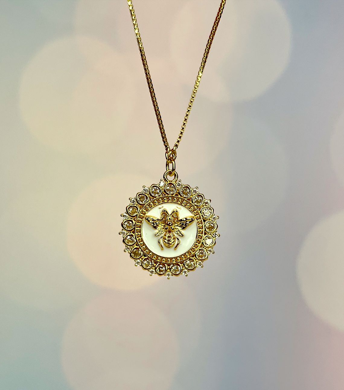 Bee Coin Pendant Necklace with white enamel and pave halo 18k Gold Filled