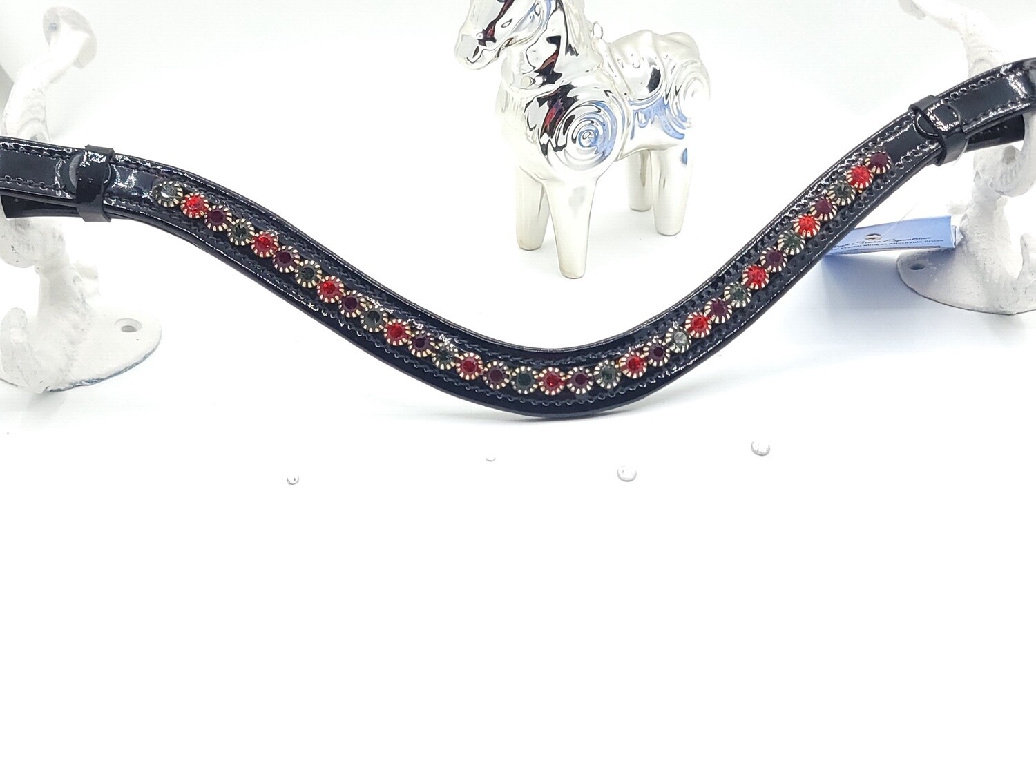 Siam and Black Diamond 1 Row 40ss PRECIOSA Glass Crystal Easy Snap On/Off –BLACK PATENT Leather Browband