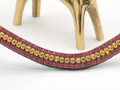Colors of Spain - Citrine and Siam 5 Row PRECIOSA Glass Crystal Easy Snap On/Off – BLACK Leather Browband